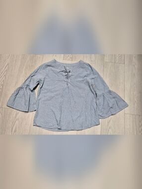 St. John's Bay Blue and White Striped Lace-Up Bell Sleeve Blouse